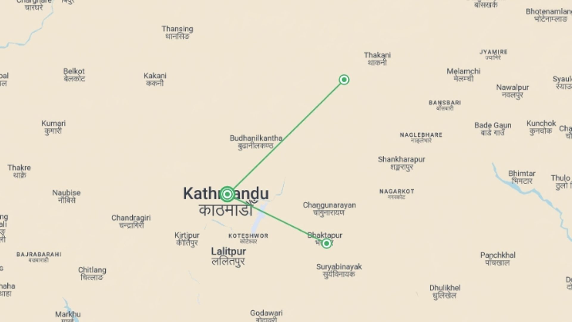 A map showing the tour itinerary for the trip: Kathmandu Valley Trek, starting in Kathmandu, Nepal and ending in Kathmandu, Nepal going through 2 other destinations.