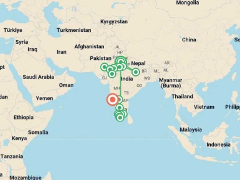 Map itinerary of India Tour in June 2027 with 18 destination visits for the trip: Iconic India
