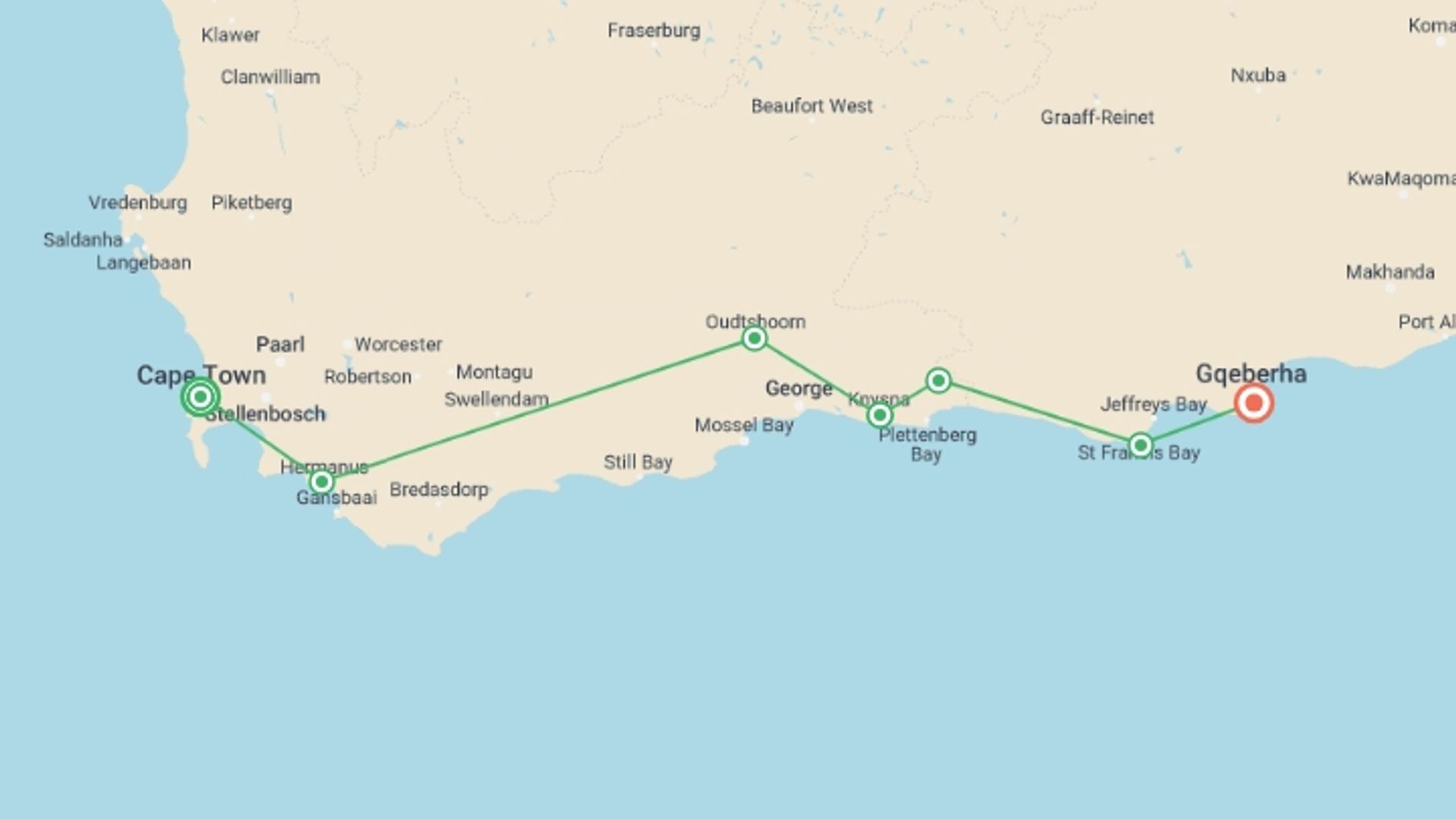 A map showing the tour itinerary for the trip: Cape Town And Garden Route, starting in Cape Town, South Africa and ending in Port Elizabeth, South Africa going through 5 other destinations.