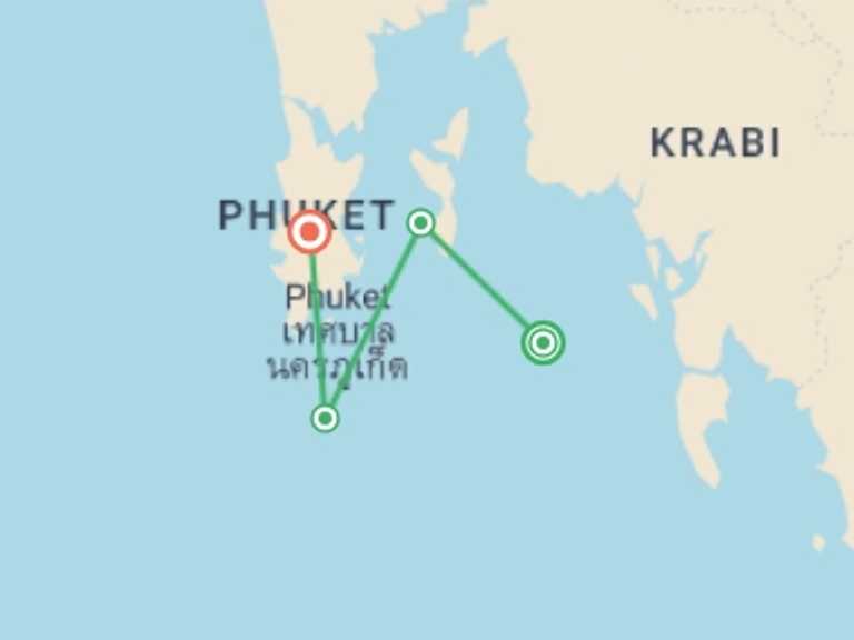 Map of Thailand Tour with 5 destination visits for the trip: Sail Ko Phi Phi to Phuket