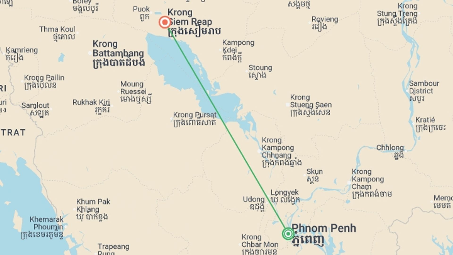 A map showing the tour itinerary for the trip: Amazing Cambodia - 5 days, starting in Phnom Penh, Cambodia and ending in Siem Reap, Cambodia going through 0 other destinations.