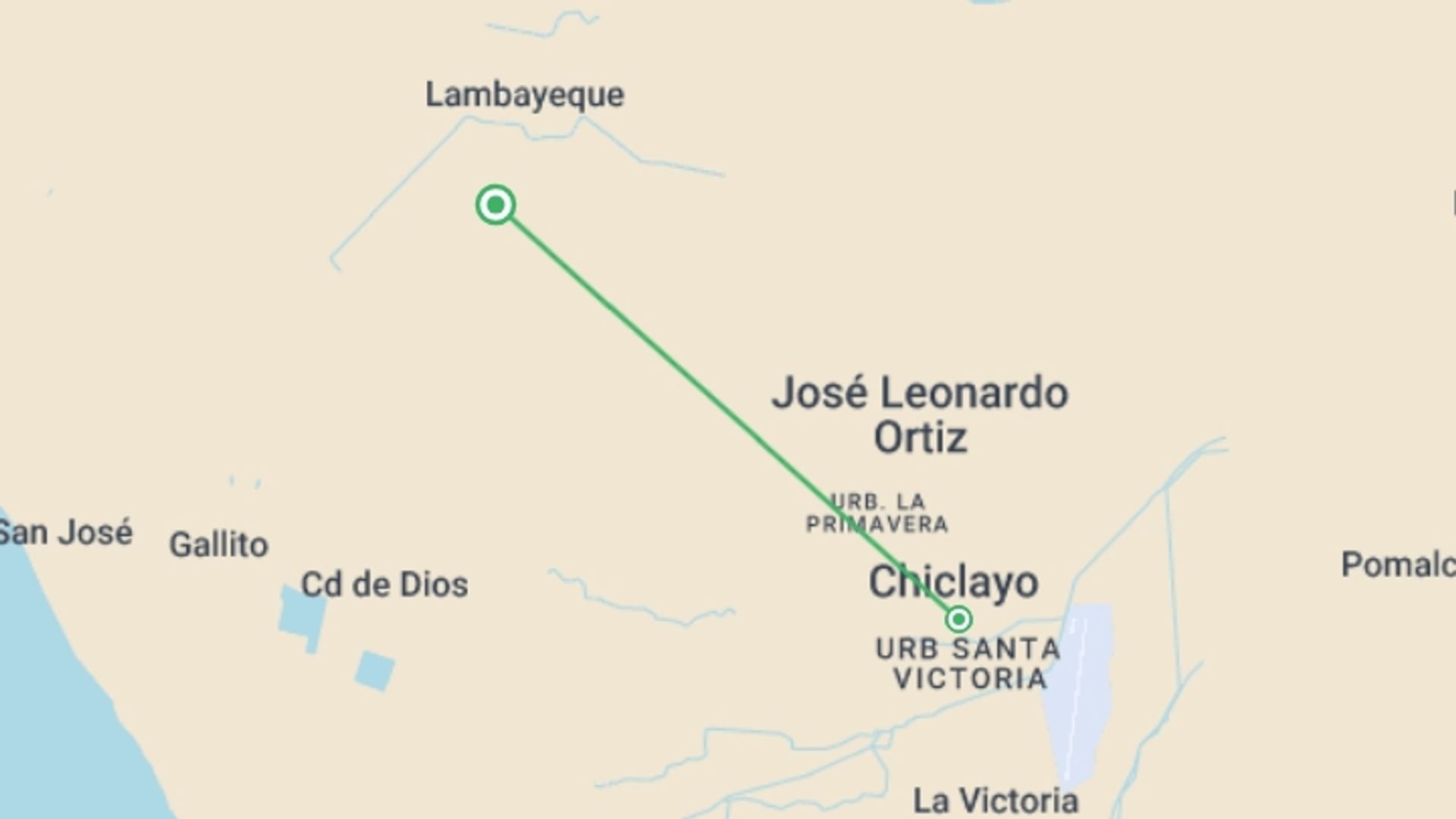 A map showing the tour itinerary for the trip: 3-Day Classic Chiclayo Tour Package, starting in Lambayeque, peru and ending in Lambayeque, peru going through 1 other destinations.