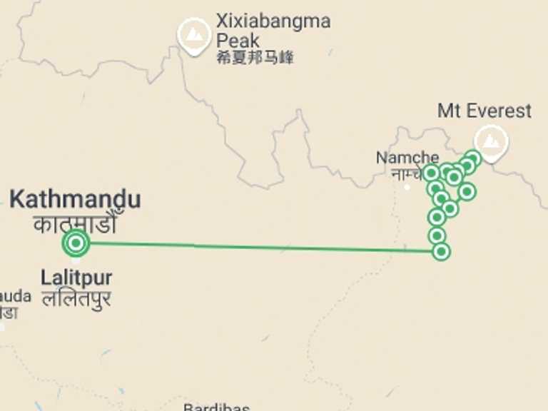 Map of a Explorer Tour with 15 destination visits for the trip: Everest & Gokyo Lakes