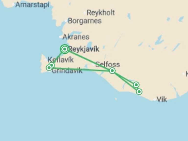 Map itinerary of Reykjavik Tour in August 2026 with 2 destination visits for the trip: Iceland, Land of Midnight Sun - 5 days