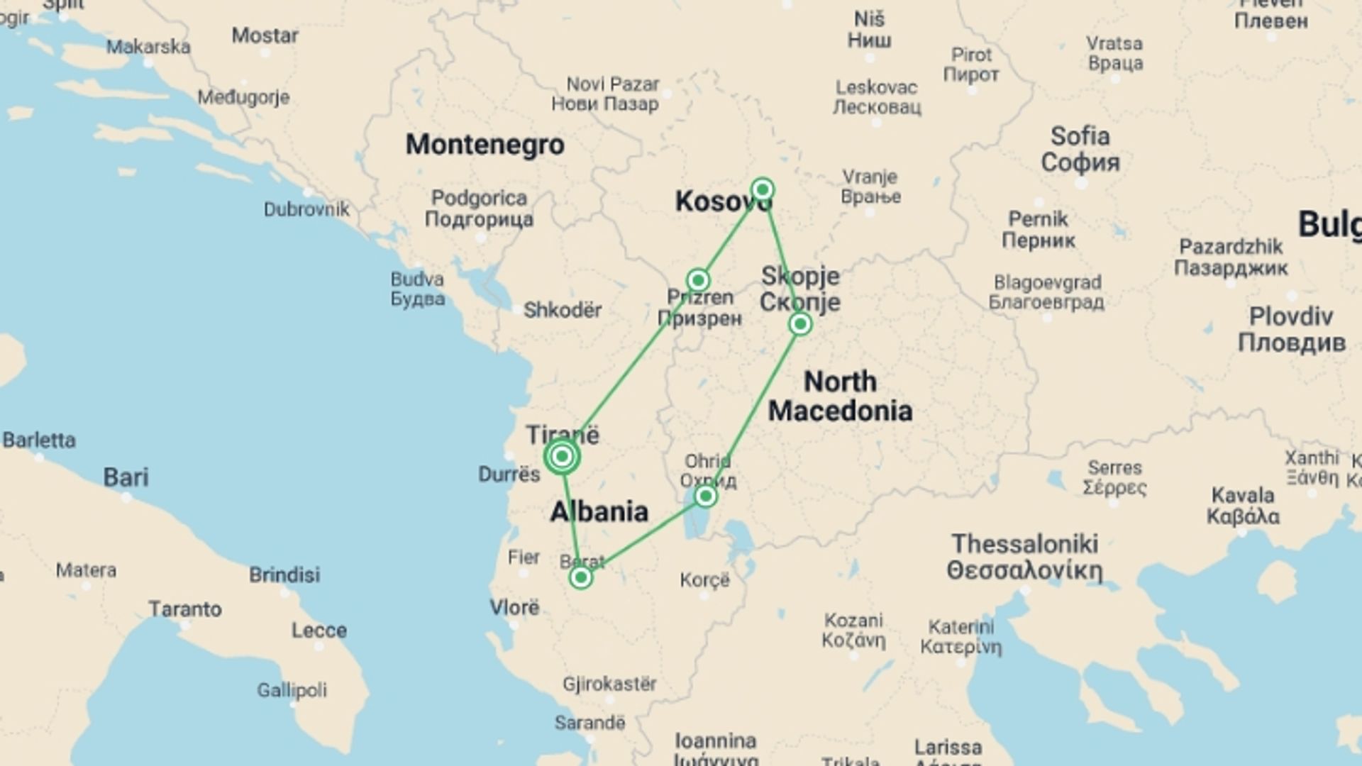 A map showing the tour itinerary for the trip: Semi-Private Tour; N.Macedonia, Kosovo & Albania - 4 Days, starting in Tirana, Albania and ending in Tirana, Albania going through 5 other destinations.
