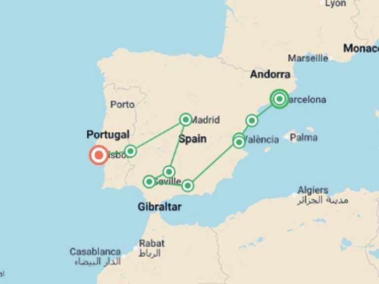 Map of Europe Tour with 7 destination visits for the trip: Spain's Classics & Portugal 