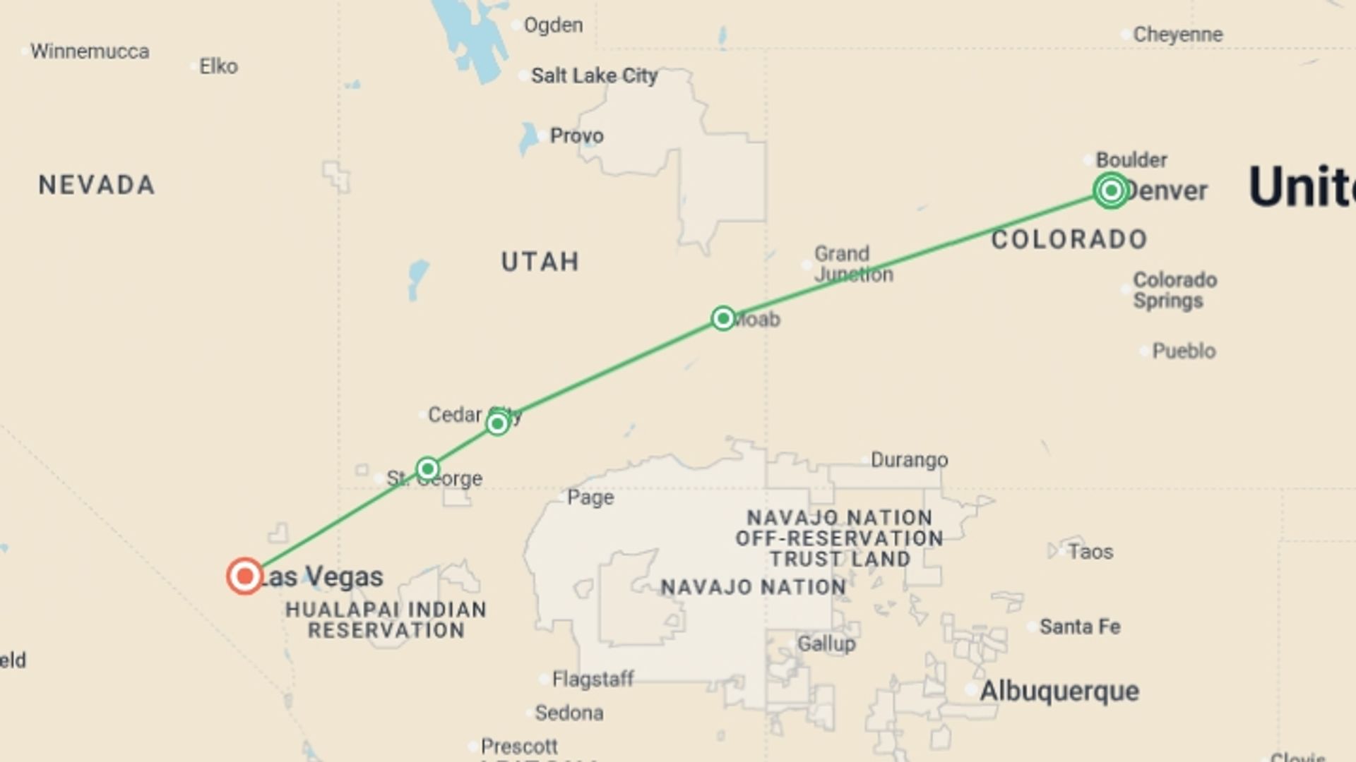 A map showing the tour itinerary for the trip: Utah’s Mighty Five and The Rockies featuring 2 days aboard the Canyon Spirit train, starting in Denver, USA and ending in Las Vegas, USA going through 4 other destinations.