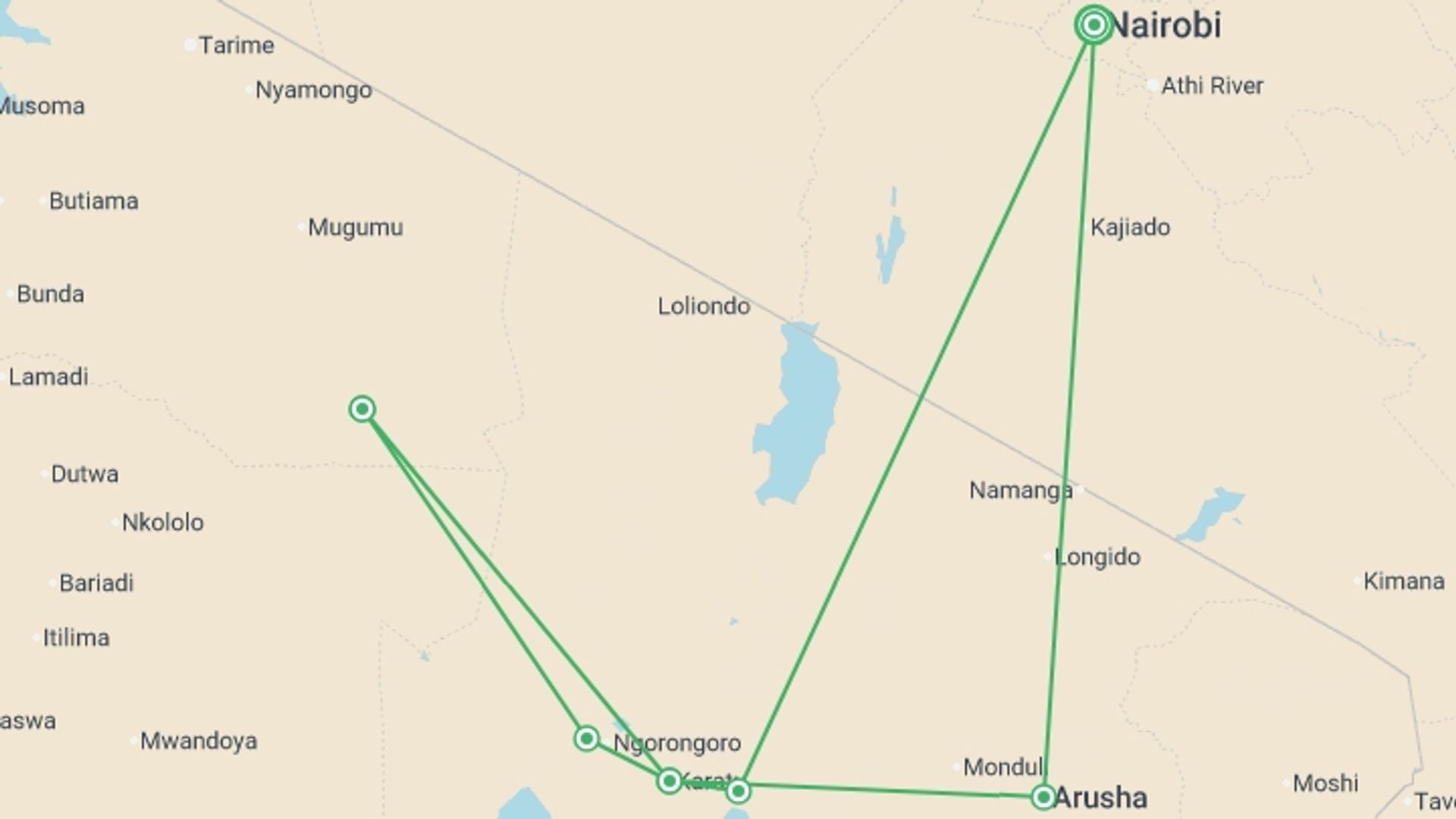A map showing the tour itinerary for the trip: Tanzania Family Safari, starting in Nairobi, Kenya and ending in Nairobi, Kenya going through 4 other destinations.