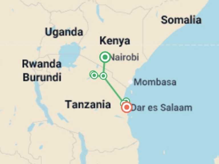 Map itinerary of Africa Tour in September 2026 with 8 destination visits for the trip: Savannahs & Sands