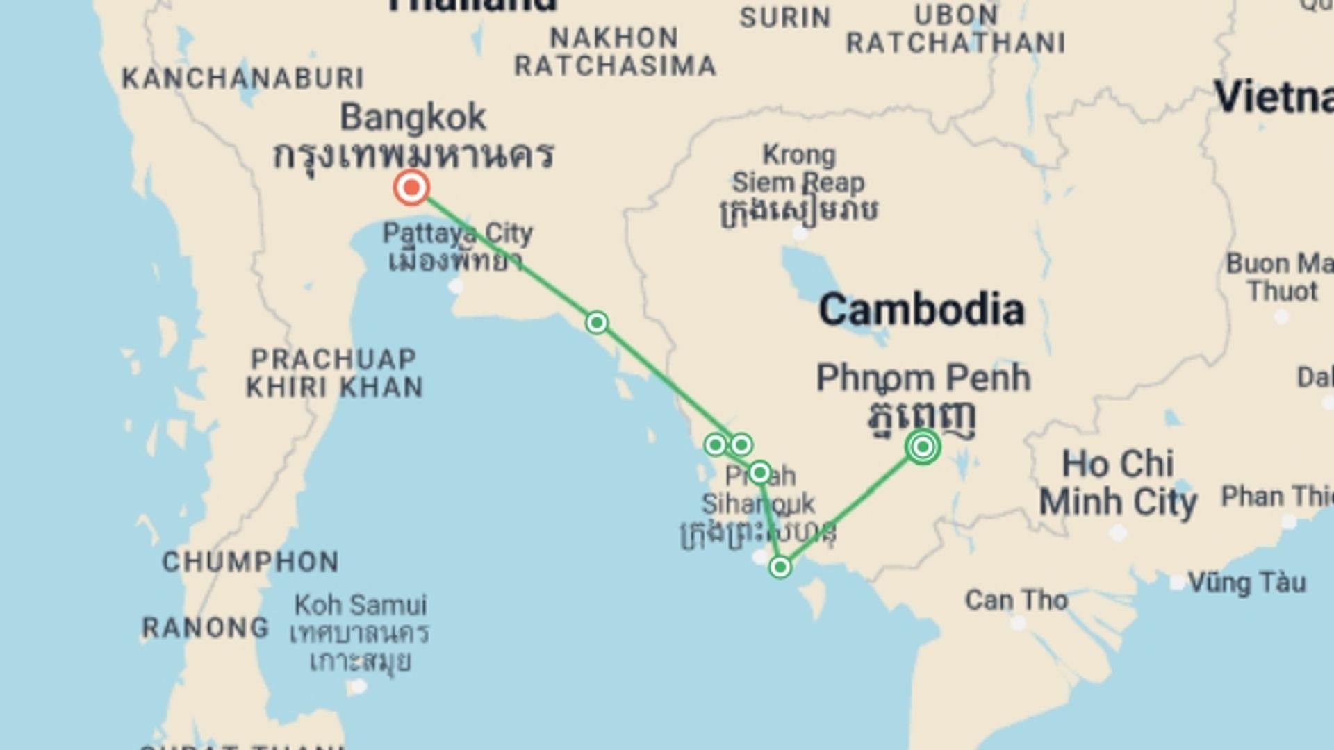 A map showing the tour itinerary for the trip: Wilds of Cambodia, starting in Phnom Penh, Cambodia and ending in Bangkok, Thailand going through 6 other destinations.