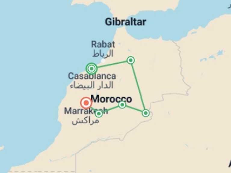 Map of Marrakech Tour with 6 destination visits for the trip: Morocco Kasbahs & Desert
