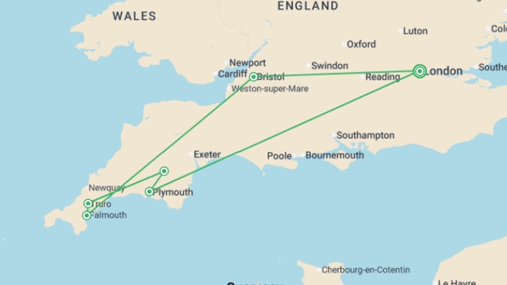 A map showing the tour itinerary for the trip: Devon and Cornwall Escape - Small Group, starting in London, England and ending in London, England going through 5 other destinations.