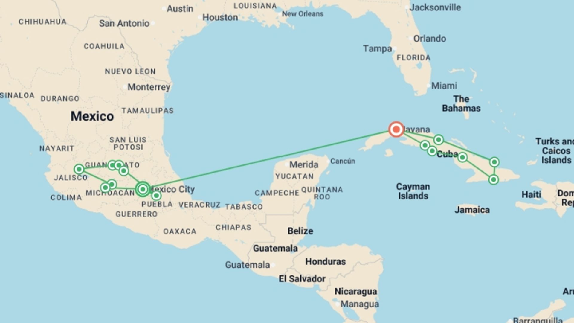 A map showing the tour itinerary for the trip: Central Mexico and Unforgettable Cuba, starting in Mexico City, Mexico and ending in Havana, Cuba going through 10 other destinations.