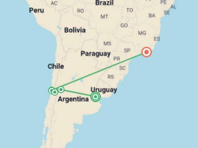 Map of Brazil and Chile Tour with 6 destination visits for the trip: 13-Day South America: Mountains & Beaches