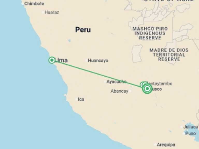 Map itinerary of Andes Tour in Summer with 3 destination visits for the trip: Peruvian Gastro Tour