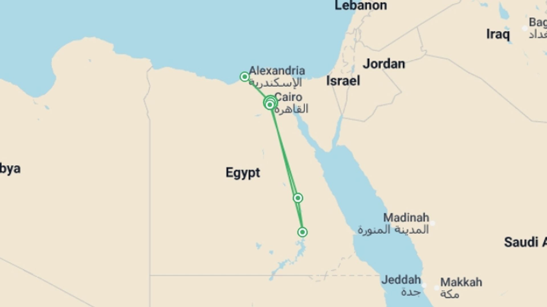 A map showing the tour itinerary for the trip: Alexandria, Classical Egypt & Nile Cruise - 14 Days, starting in Cairo, Egypt and ending in Cairo, Egypt going through 4 other destinations.