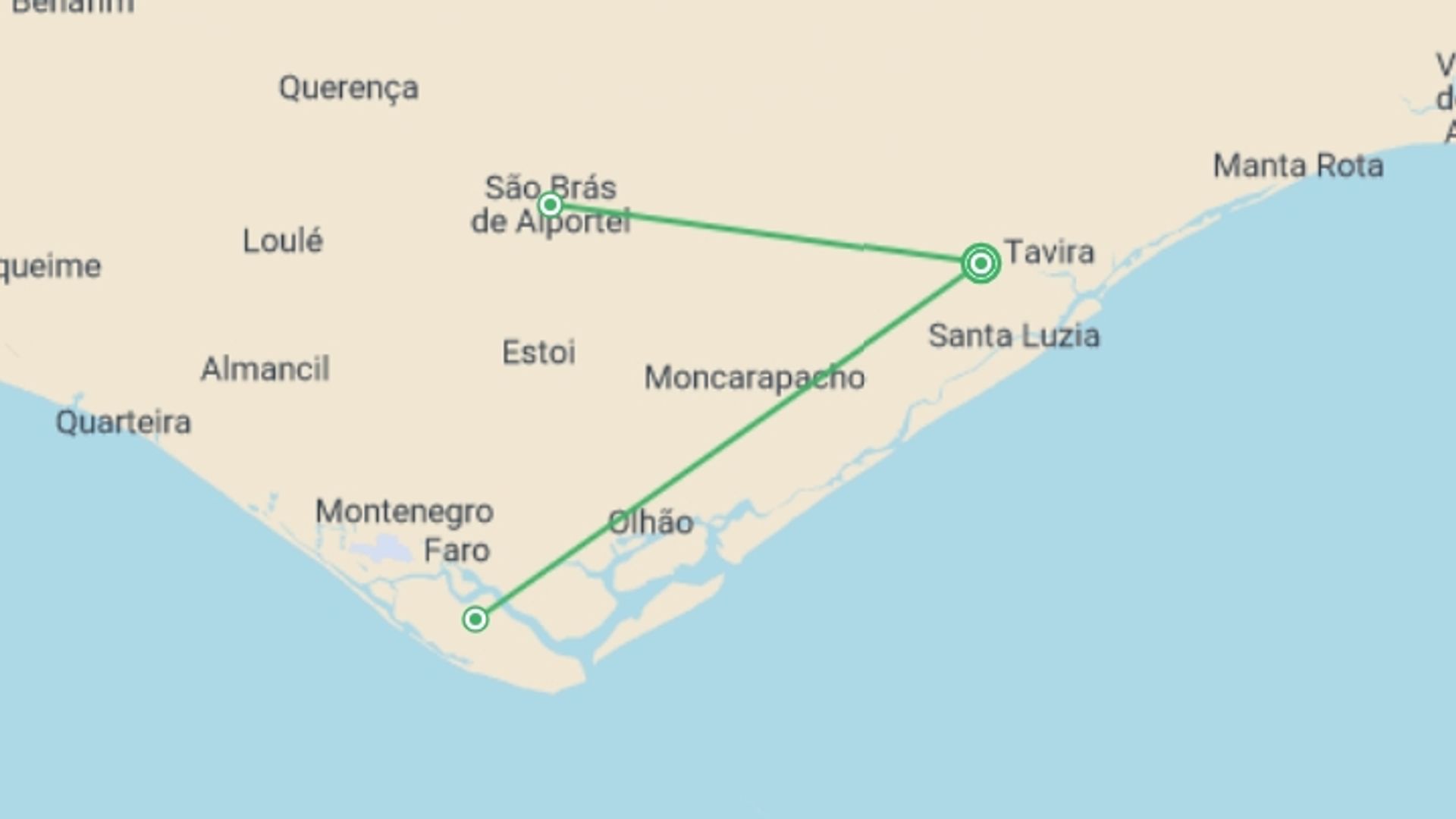 A map showing the tour itinerary for the trip: Upgraded - Walking in the Algarve, starting in Tavira, Portugal and ending in Tavira, Portugal going through 3 other destinations.