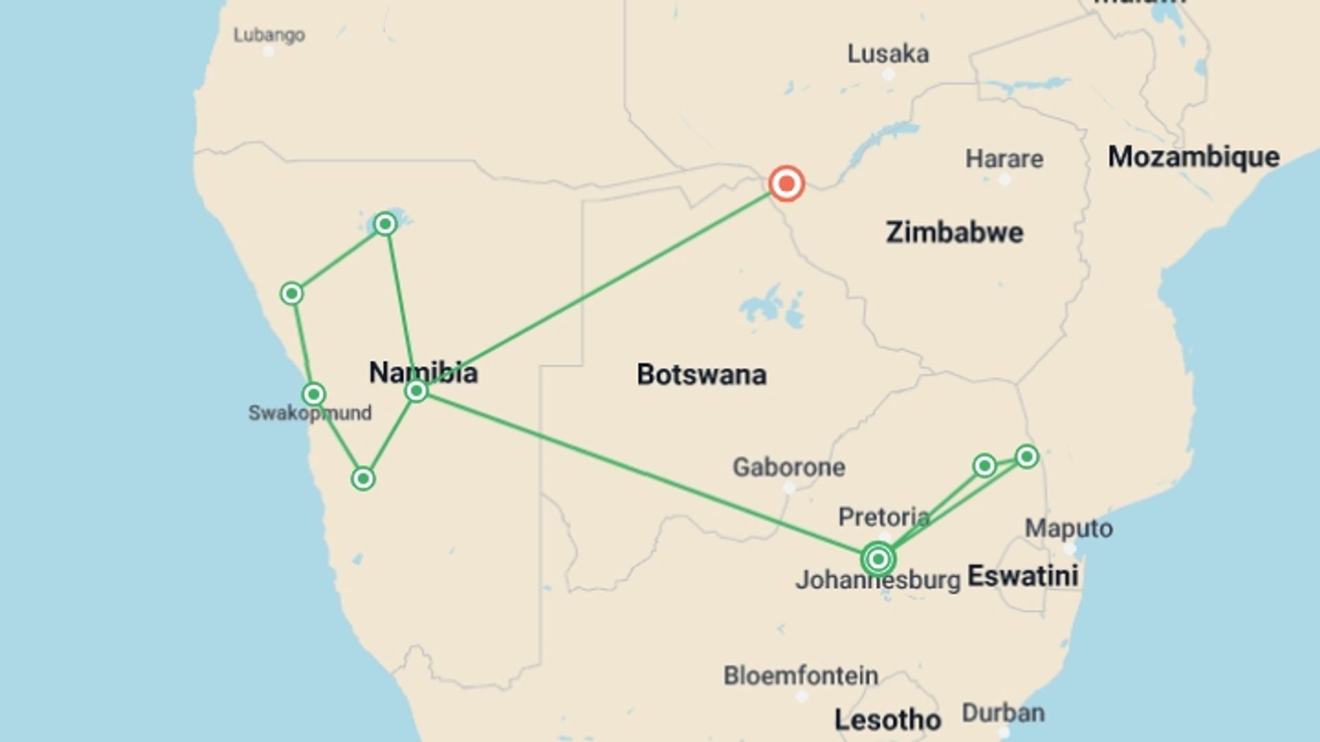 A map showing the tour itinerary for the trip: Journeys: Kruger, Victoria Falls & Namibia, starting in Johannesburg, South Africa and ending in Victoria Falls, Zimbabwe going through 7 other destinations.
