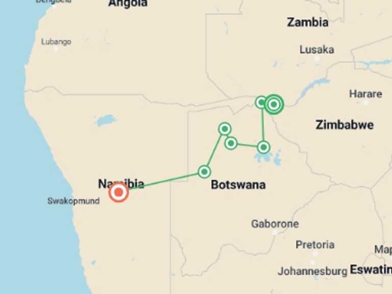 Map itinerary of Windhoek Tour in April 2027 with 7 destination visits for the trip: Victoria Falls to Windhoek Overland Safari & Participation Camping