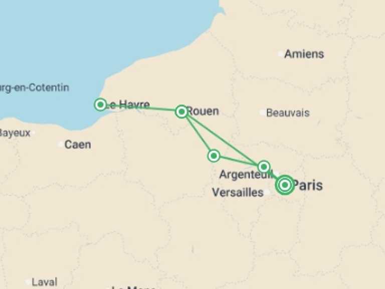 Map of Europe Tour with 4 destination visits for the trip: Picturesque Solo Seine Cruise