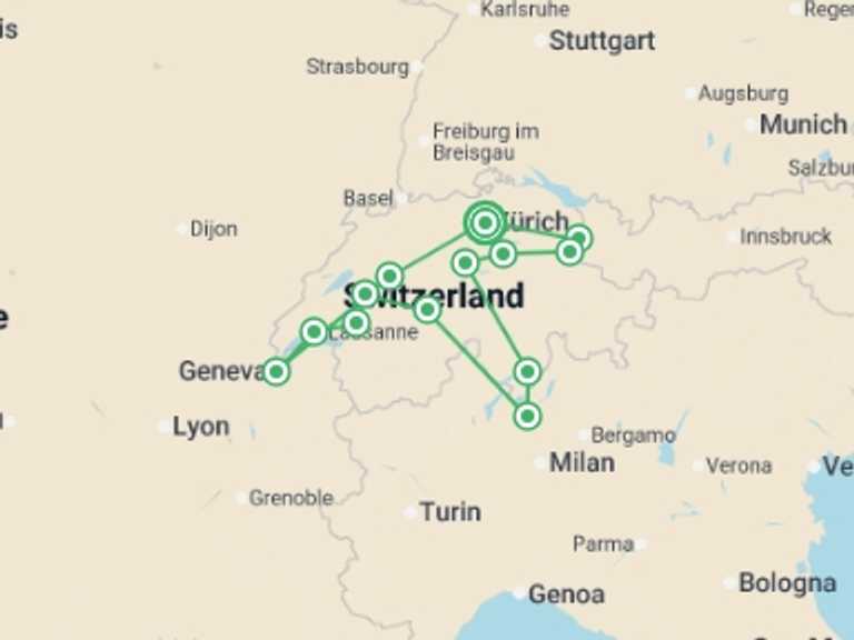 Map of a Sightseeing Tour with 6 destination visits for the trip: Switzerland