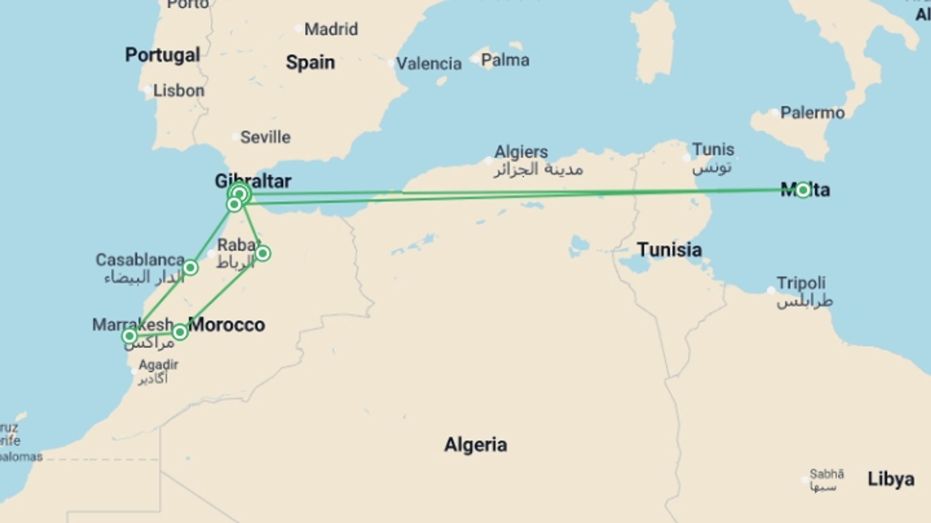 A map showing the tour itinerary for the trip: Moroccan Hallmarks, starting in Tangier, Morocco and ending in Tangier, Morocco going through 5 other destinations.