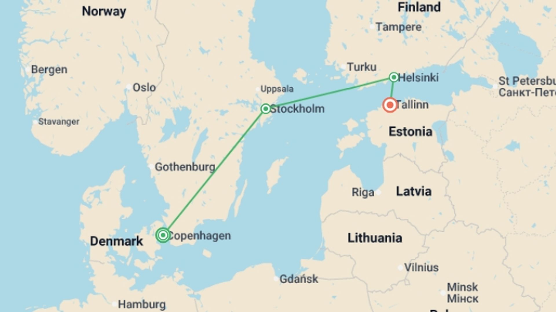 A map showing the tour itinerary for the trip: Jewels of Scandinavia End Tallinn, starting in Copenhagen, Denmark and ending in Tallinn, Estonia going through 2 other destinations.