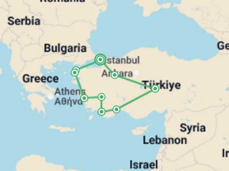 Map of Mediterranean Tour with 7 destination visits for the trip: Turkey: Baths & Bazaars