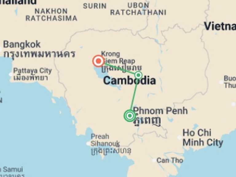 Map itinerary of South East Asia Tour in August 2026 with 3 destination visits for the trip: Cambodia Discovery - 8 days