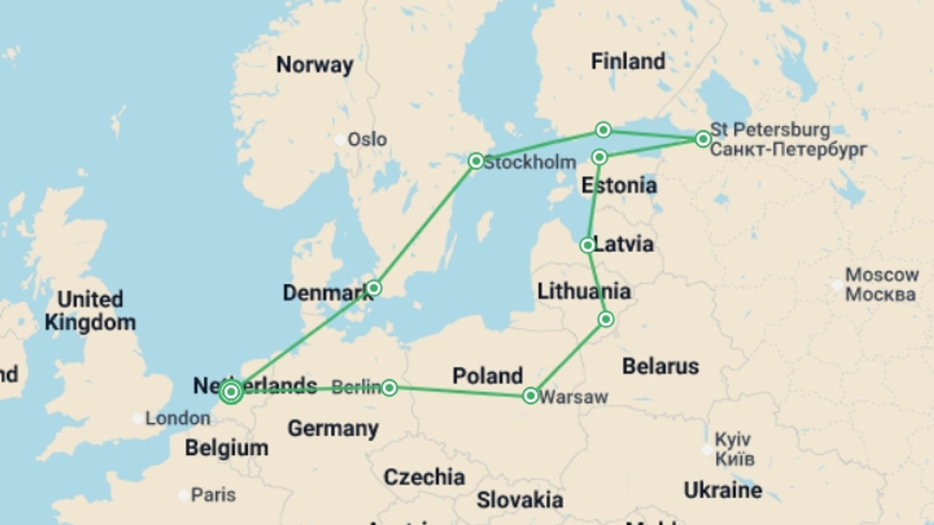 A map showing the tour itinerary for the trip: Northern Explorer, starting in Amsterdam, Holland and ending in Amsterdam, Holland going through 9 other destinations.