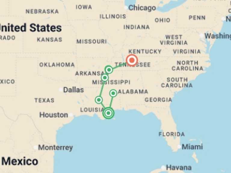 Map of North America Tour with 7 destination visits for the trip: Southern Soul: New Orleans to Nashville