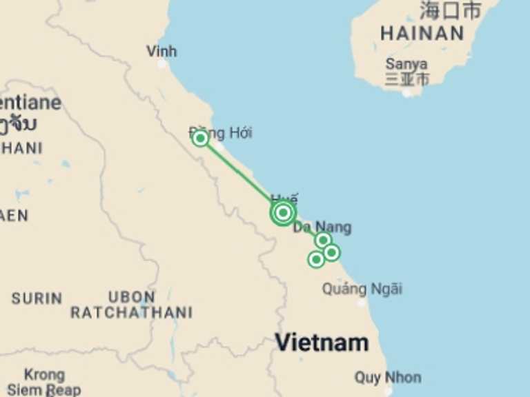 Map of Hoi An Trekking and Hiking Tour with 4 destination visits for the trip: Experience The Highlights Of Central Vietnam 6 Days 5 Nights