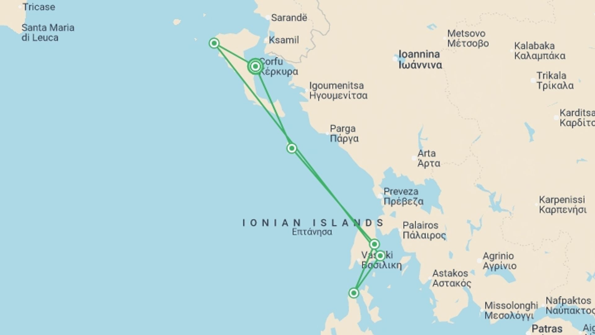 A map showing the tour itinerary for the trip: Greek Islands Family Adventure, starting in Corfu, Greece and ending in Corfu, Greece going through 5 other destinations.