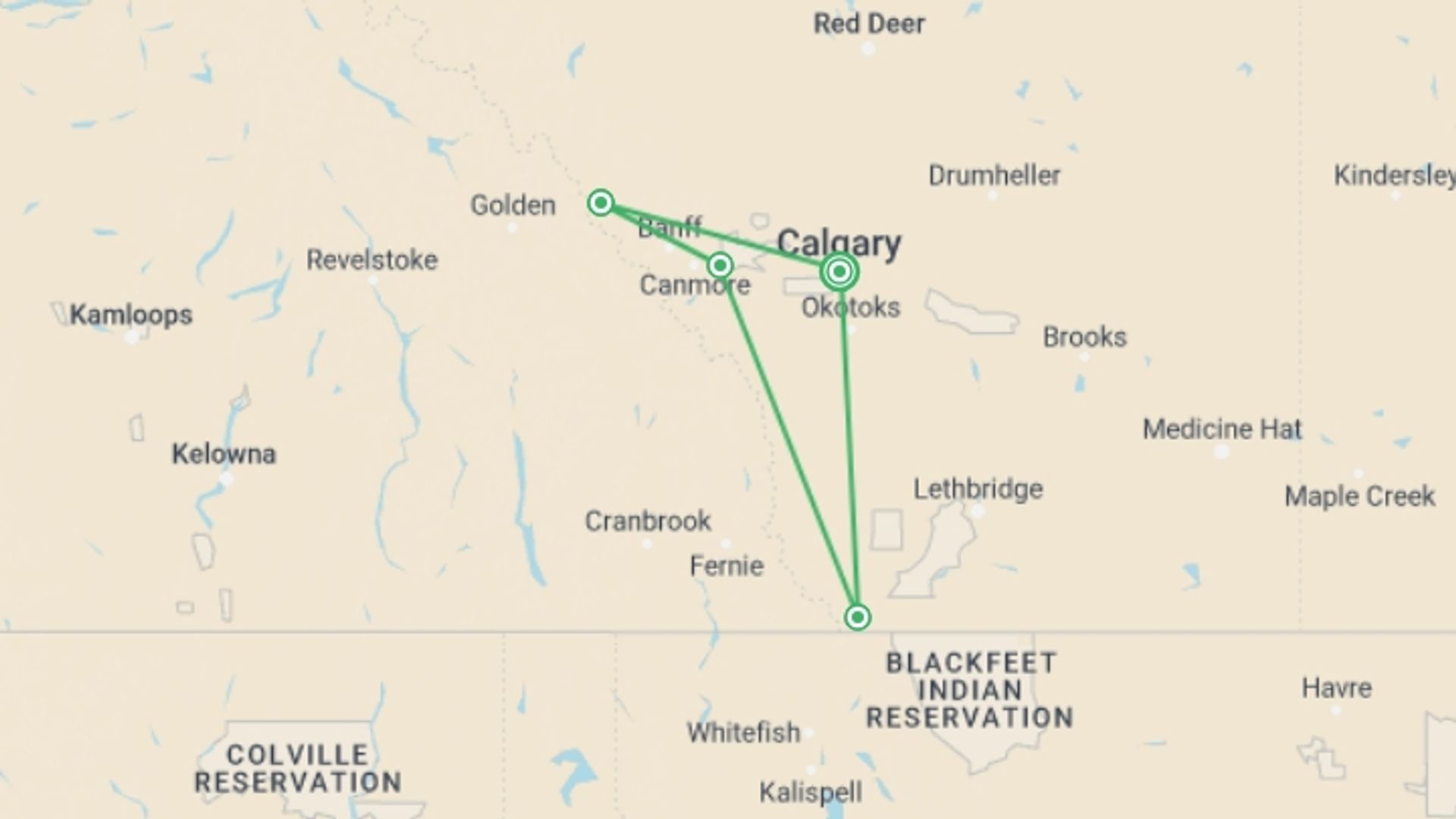 A map showing the tour itinerary for the trip: Active Canadian Rockies Adventure, starting in Calgary, Canada and ending in Calgary, Canada going through 3 other destinations.