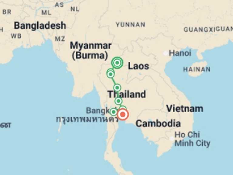 Map of Thailand Tour with 6 destination visits for the trip: Thailand Grand Tour, Small Group Tour (english Only)