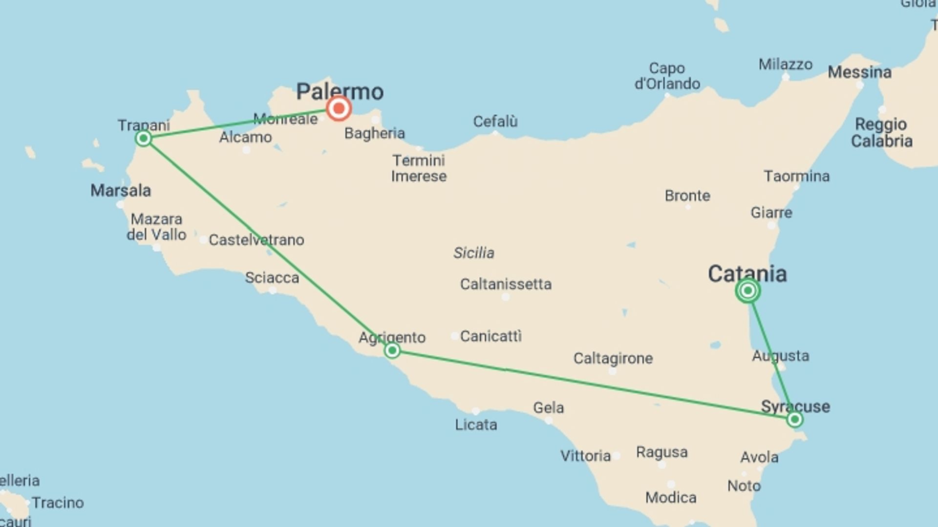 A map showing the tour itinerary for the trip: Explore Southern Sicily, starting in Catania, Italy and ending in Palermo, Italy going through 3 other destinations.