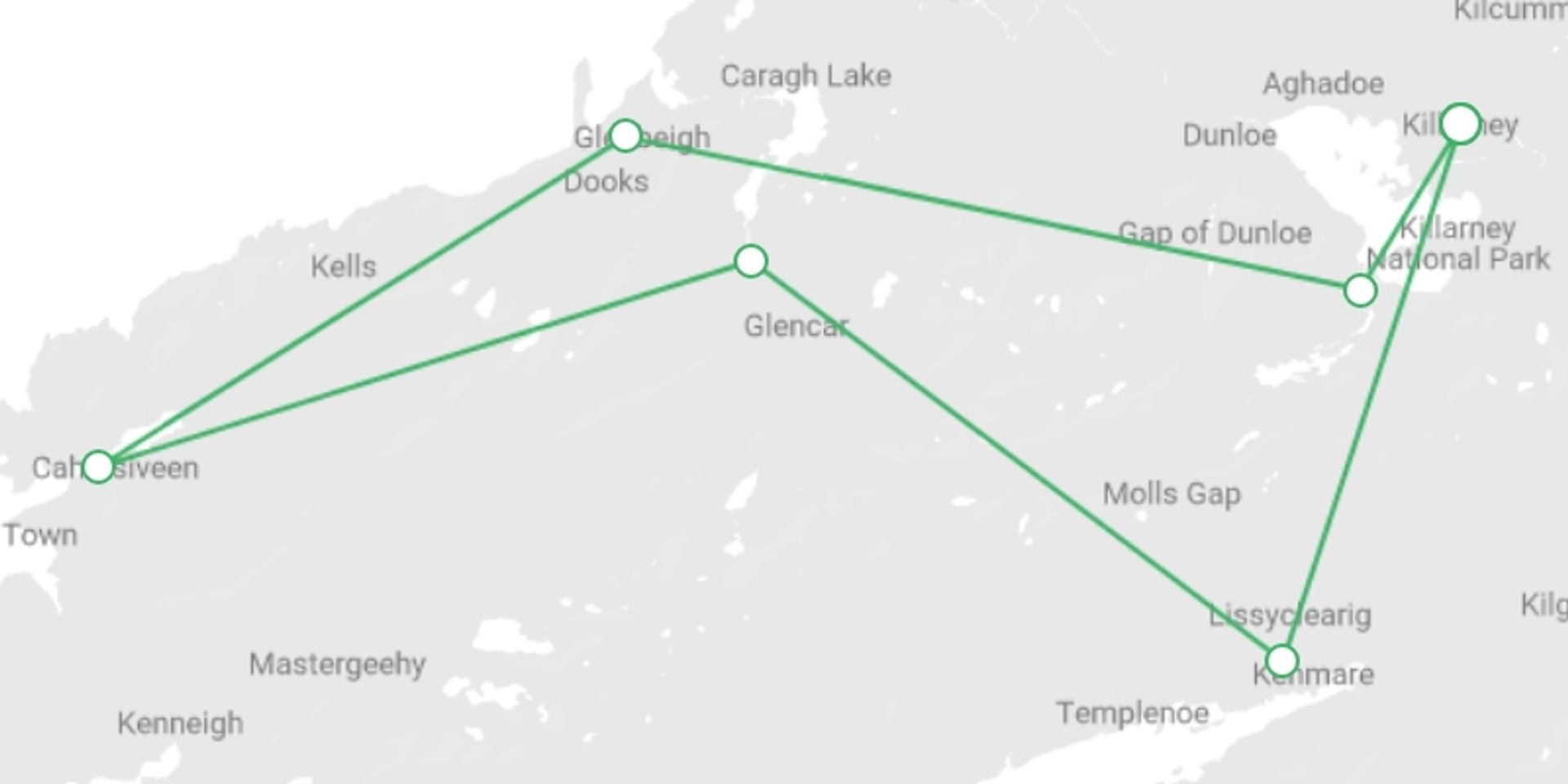 A map showing the tour itinerary for the trip: Unspoilt Ring of Kerry Cycling, starting in Killarney, Ireland and ending in Killarney, Ireland going through 5 other destinations.