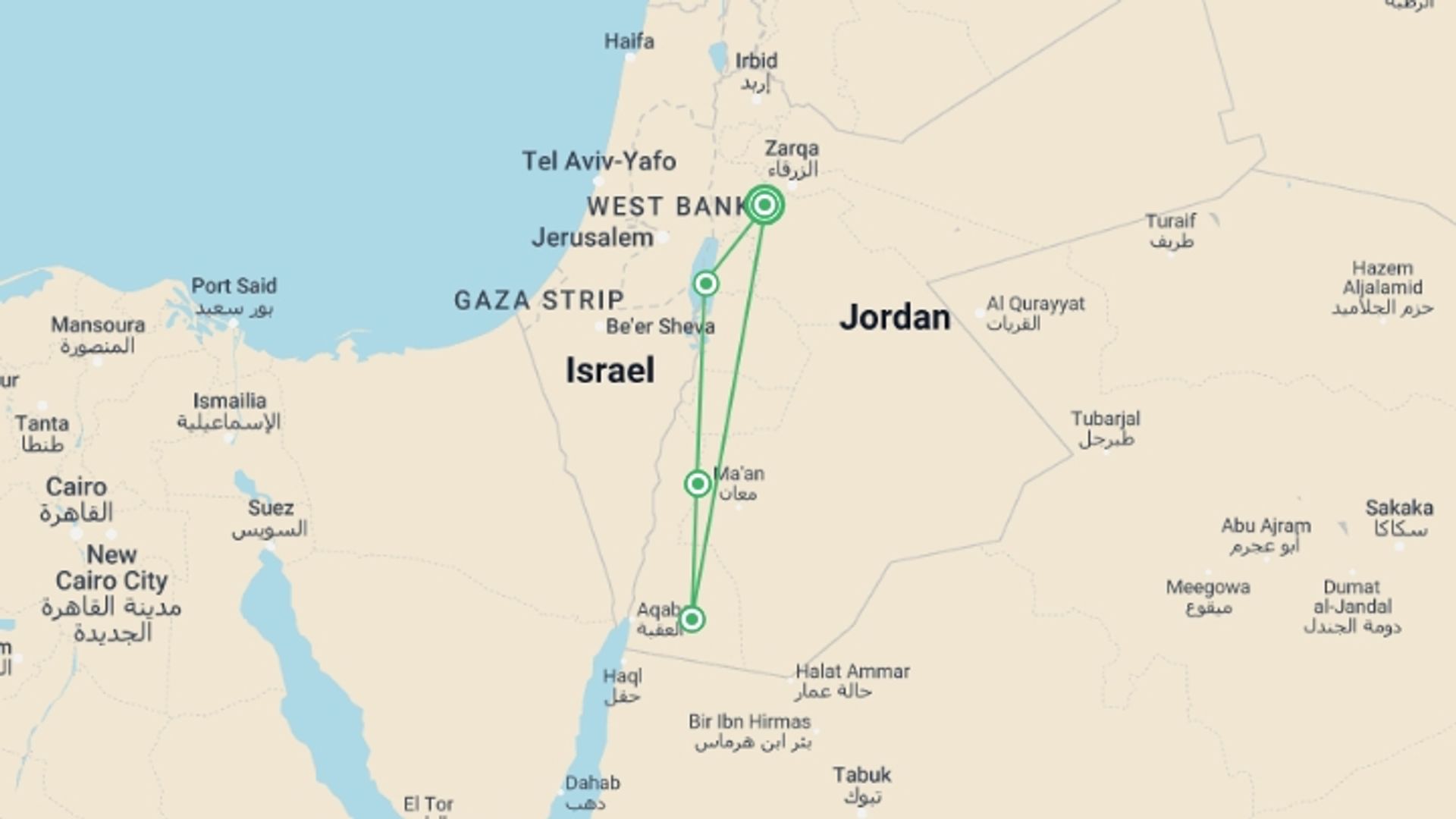 A map showing the tour itinerary for the trip: Walking Jordan's Spice Trails, starting in Amman, Jordan and ending in Amman, Jordan going through 2 other destinations.