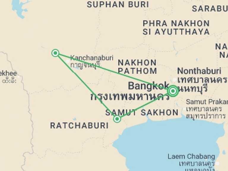 Map of Thailand Tour with 4 destination visits for the trip: 6 Days The Ultimate Bangkok Adventure