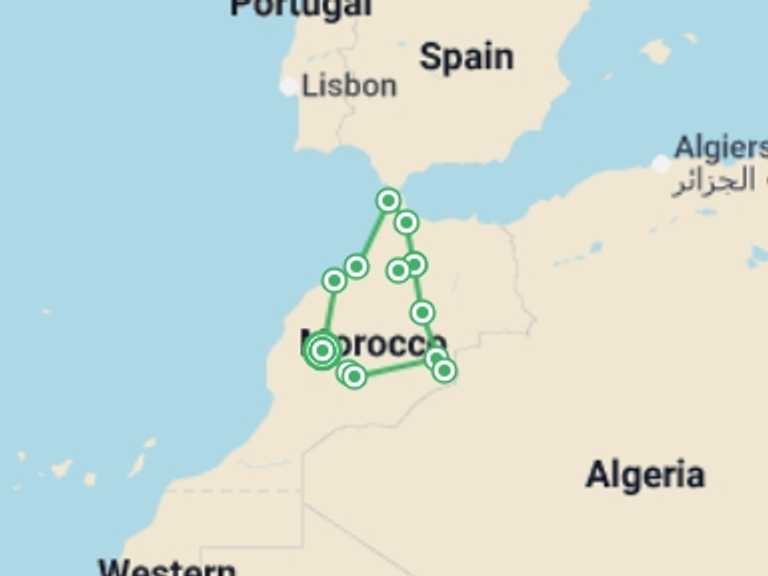 Map of 10-Day Mediterranean Tour with 6 destination visits for the trip: Morocco Full Immersion, Private Tour