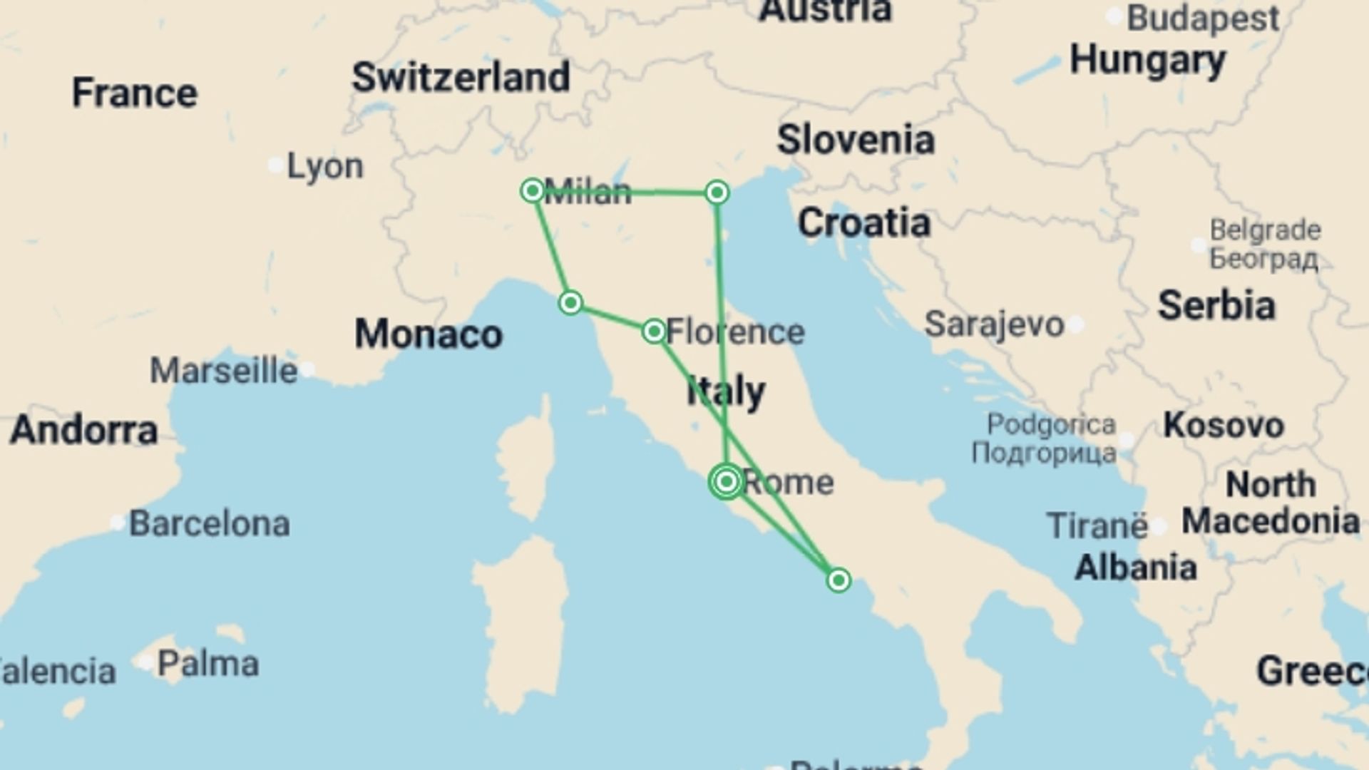 A map showing the tour itinerary for the trip: Italy: Pasta & Piazzas, starting in Rome, Italy and ending in Rome, Italy going through 5 other destinations.
