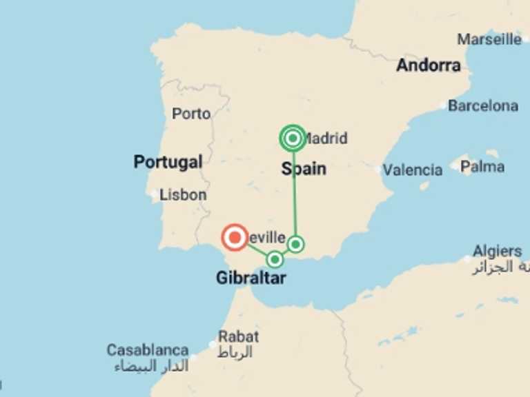 Map itinerary of Spain Tour in February 2026 with 4 destination visits for the trip: Madrid and Andalusia