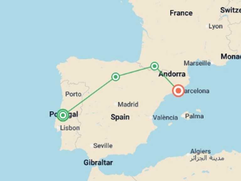 Map of Europe Tour with 4 destination visits for the trip: Pilgrimage to Fatima & Lourdes with Barcelona 