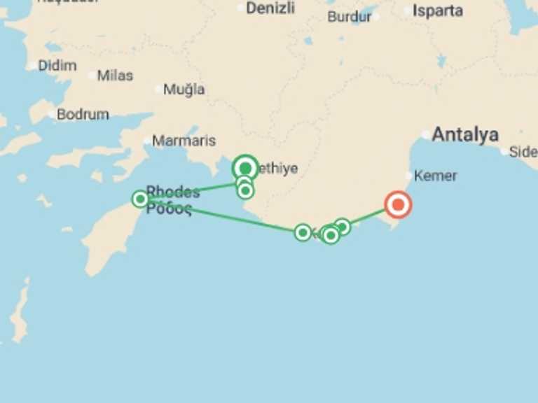 Map itinerary of Europe Tour in April 2026 with 7 destination visits for the trip: Fethiye to Olympos Sailing Adventure - 4 days