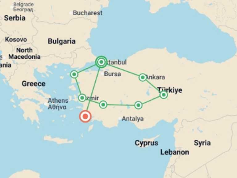 Map itinerary of Turkey Tour in July 2026 with 8 destination visits for the trip: Turkish Delight