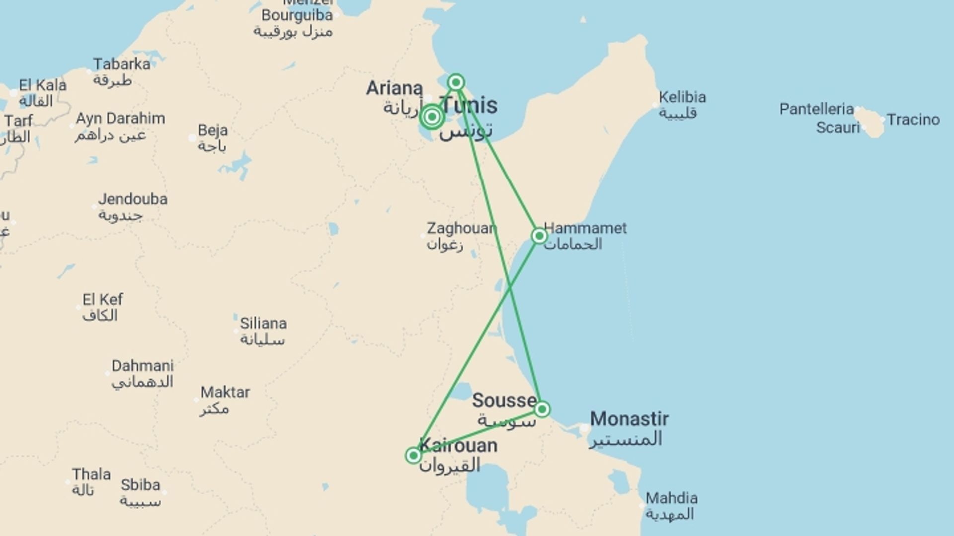 A map showing the tour itinerary for the trip: Discover Tunisia, Self-drive, starting in Tunis, Tunisia and ending in Tunis, Tunisia going through 4 other destinations.