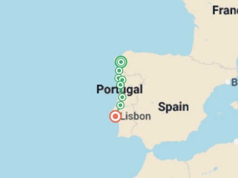 Map of a Adventure and sport Tour with 5 destination visits for the trip: Santiago to Lisbon Discovery - 8 days
