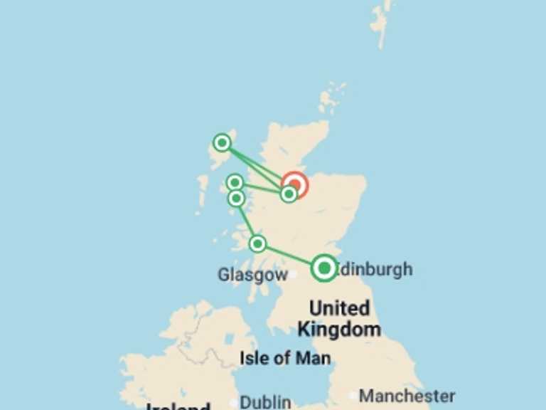 Map of UK and Britain Tour with 7 destination visits for the trip: West Scotland & Islands - 8 days