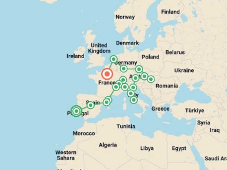 Map itinerary of Budapest Tour in October 2026 with 18 destination visits for the trip: Contrast of Europe end Paris
