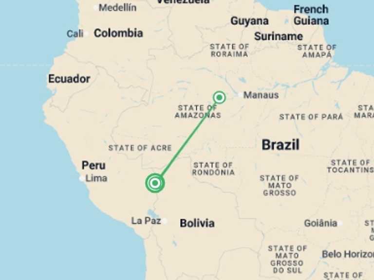 Map of South America Tour with 3 destination visits for the trip: Amazon Rainforest Express - 3 days